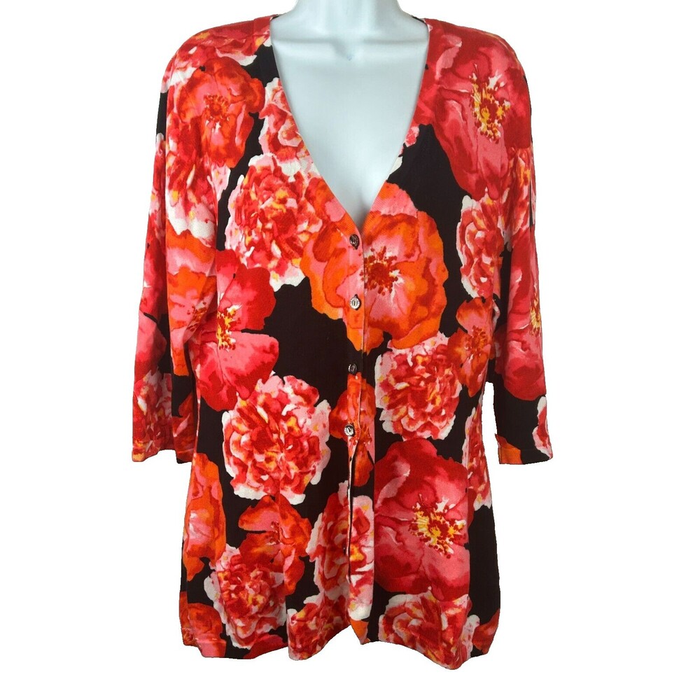 Isaac Mizrahi Womens Cardigan Sweater Black + Red Floral 3/4 Sleeve M NEW
